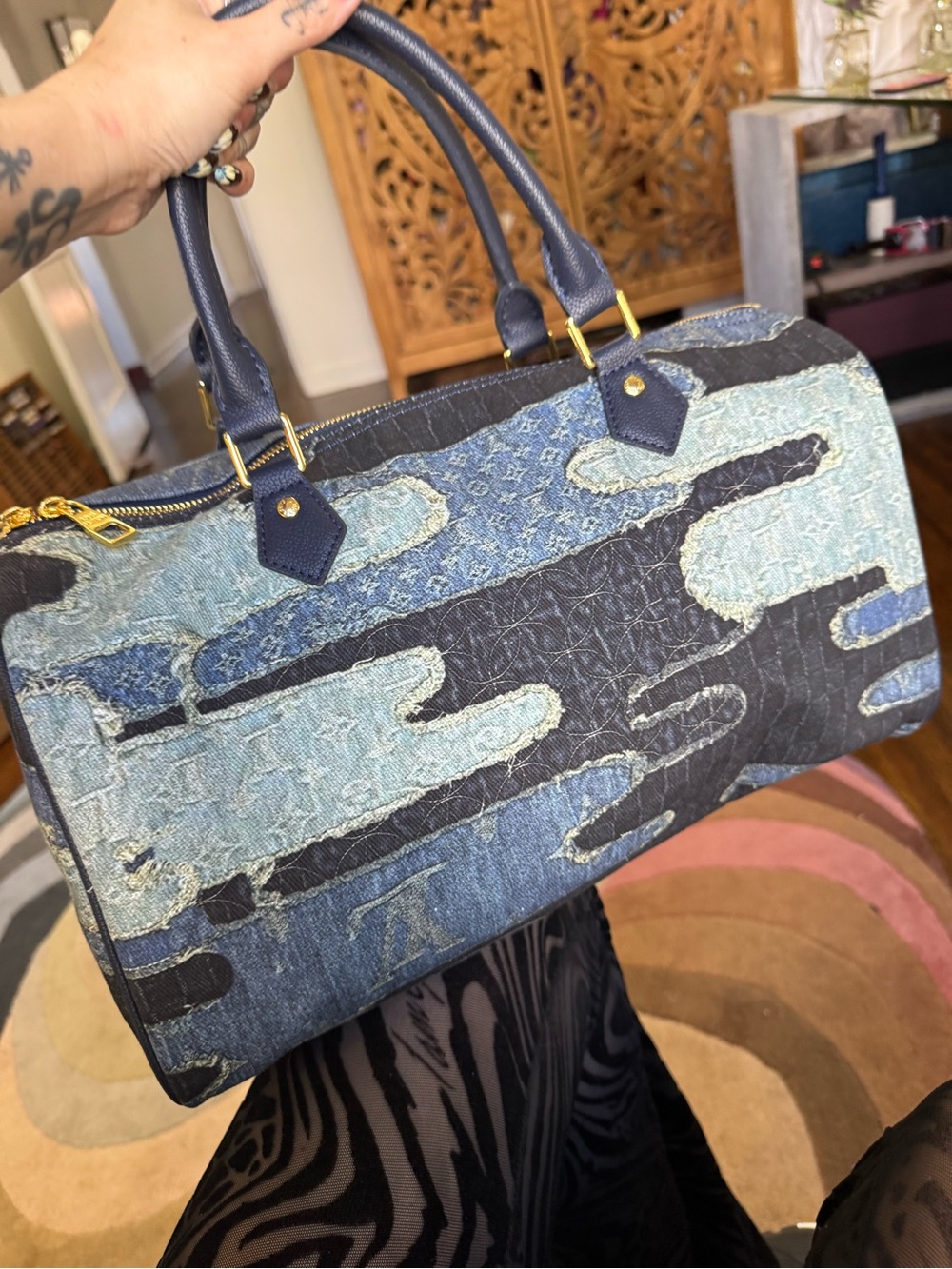 LV Blue Denim Patchwork Satchel with Navy Leather Handles